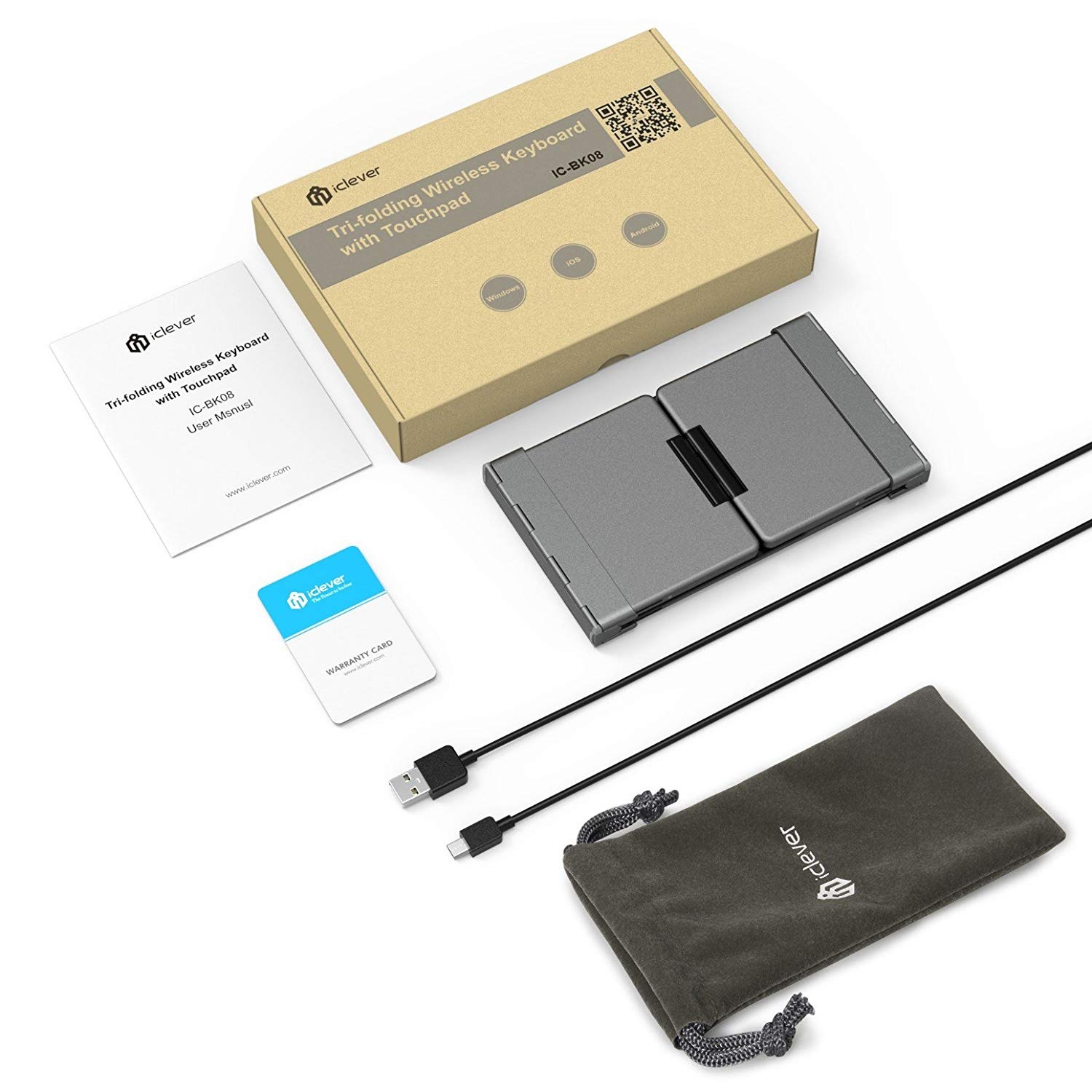 iClever IC-BK08 便攜式三折疊藍牙鍵盤 (太空灰)(連觸控板)