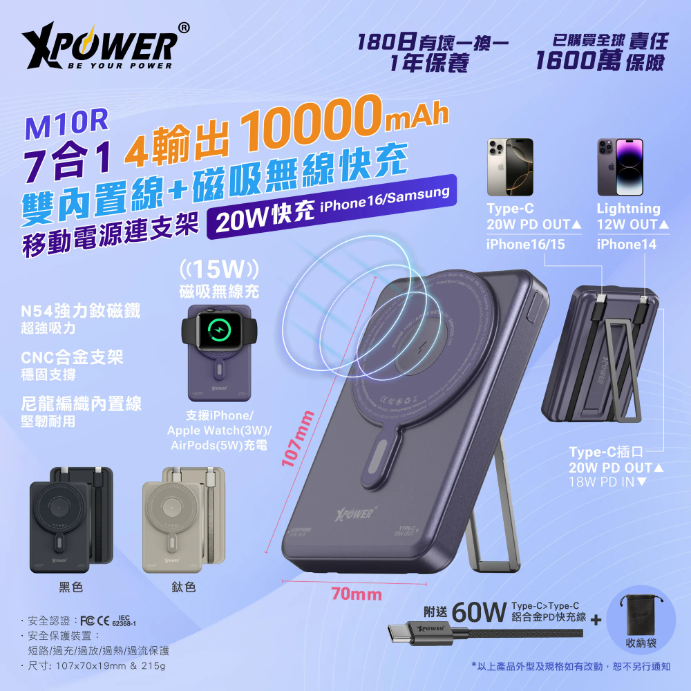 XPower M10R 7合1 10000mAh PD 3.0雙內置線+磁吸無線移動電源連支架(Grey)