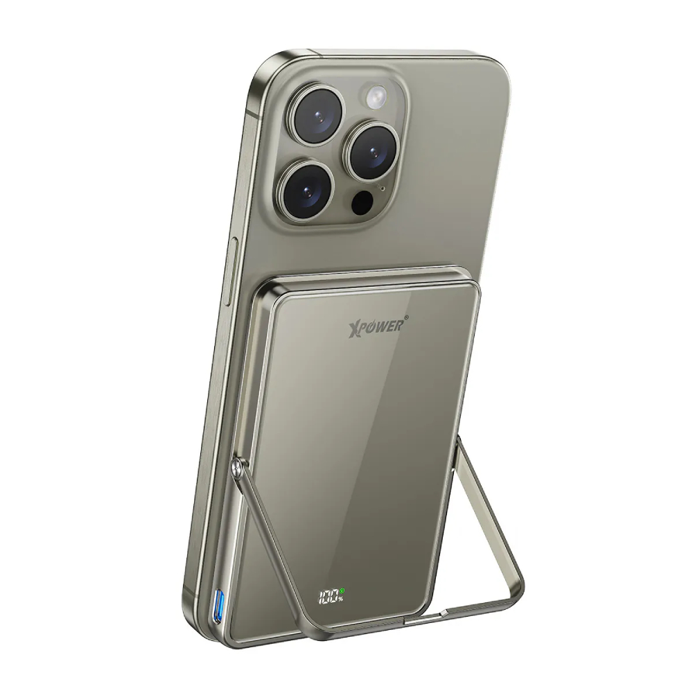 XPower M5K2 5合1鋅合金支架數顯5000mAh PD3.0+QI2磁吸移動電源(Titanium)