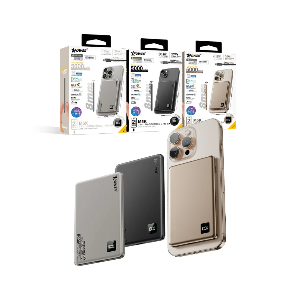 XPower M5K 3合1鋁合金數顯 5000mAh PD3.0+磁吸無線外置充電器(Titanium)