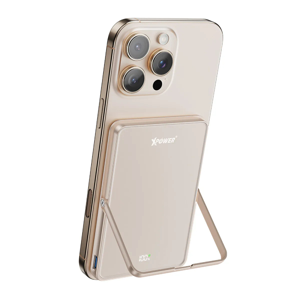 XPower M5K2 5合1鋅合金支架數顯5000mAh PD3.0+QI2磁吸移動電源(Desert Titanium)