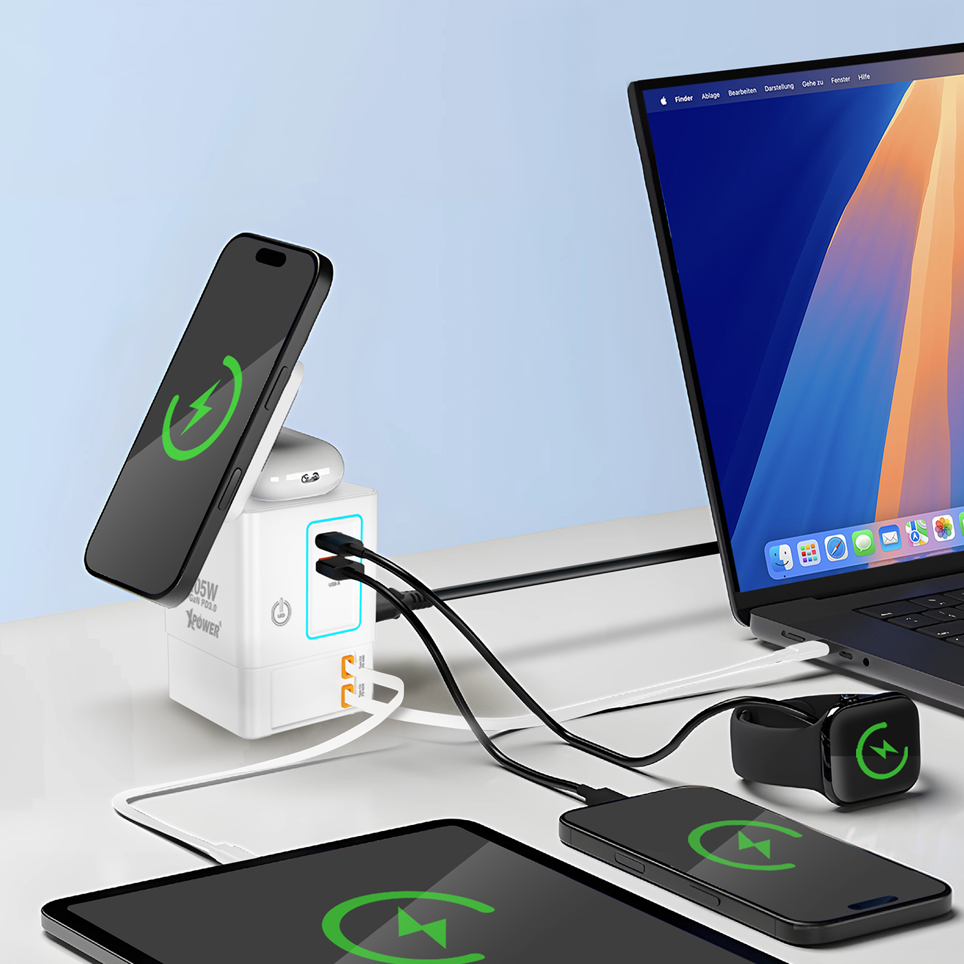 XPower RN105 Qi2 6輸出 105W GaN雙無線快充+雙內置伸縮線塔式充電器(White)