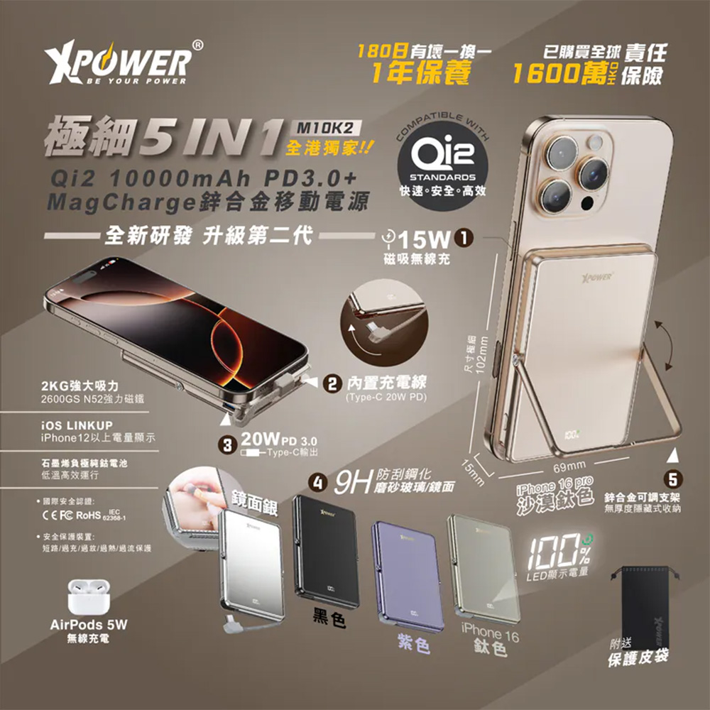 XPower M10K2 5合1鋅合金支架數顯10000mAh PD+QI2磁吸移動電源(Purple)