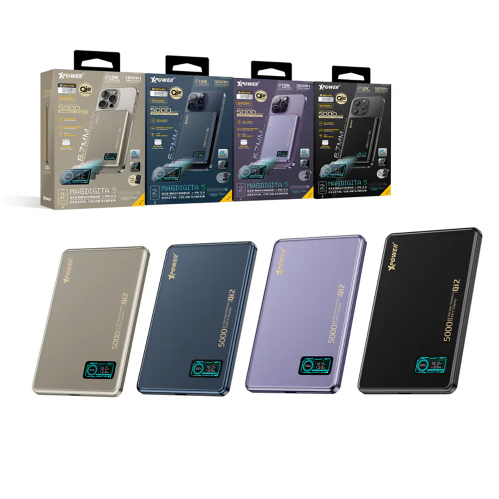 XPower MagDigita5 彩屏顯示 鋁合金外殼5000mAh PD3.0+QI2 磁吸移動電源(Titanium)
