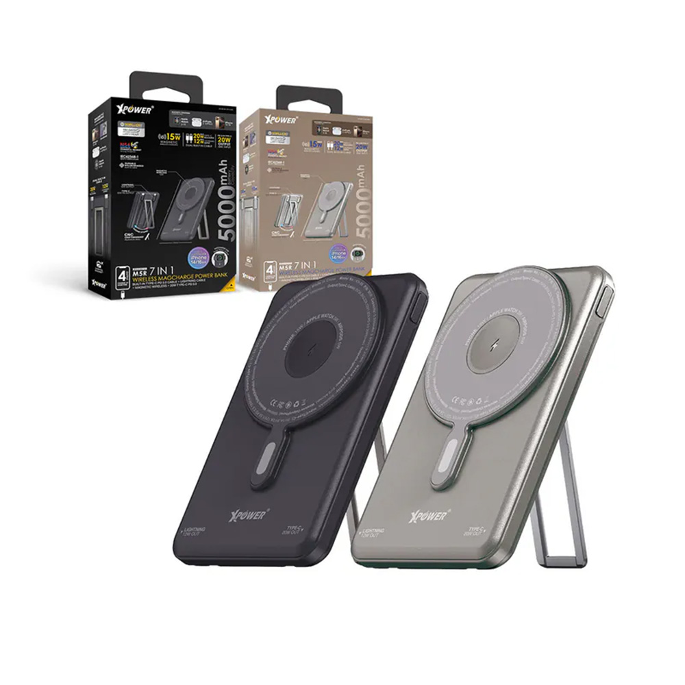 XPower M5R 7合1 5000mAh PD3.0雙內置線+磁吸無線移動電源連支架(Titanium)