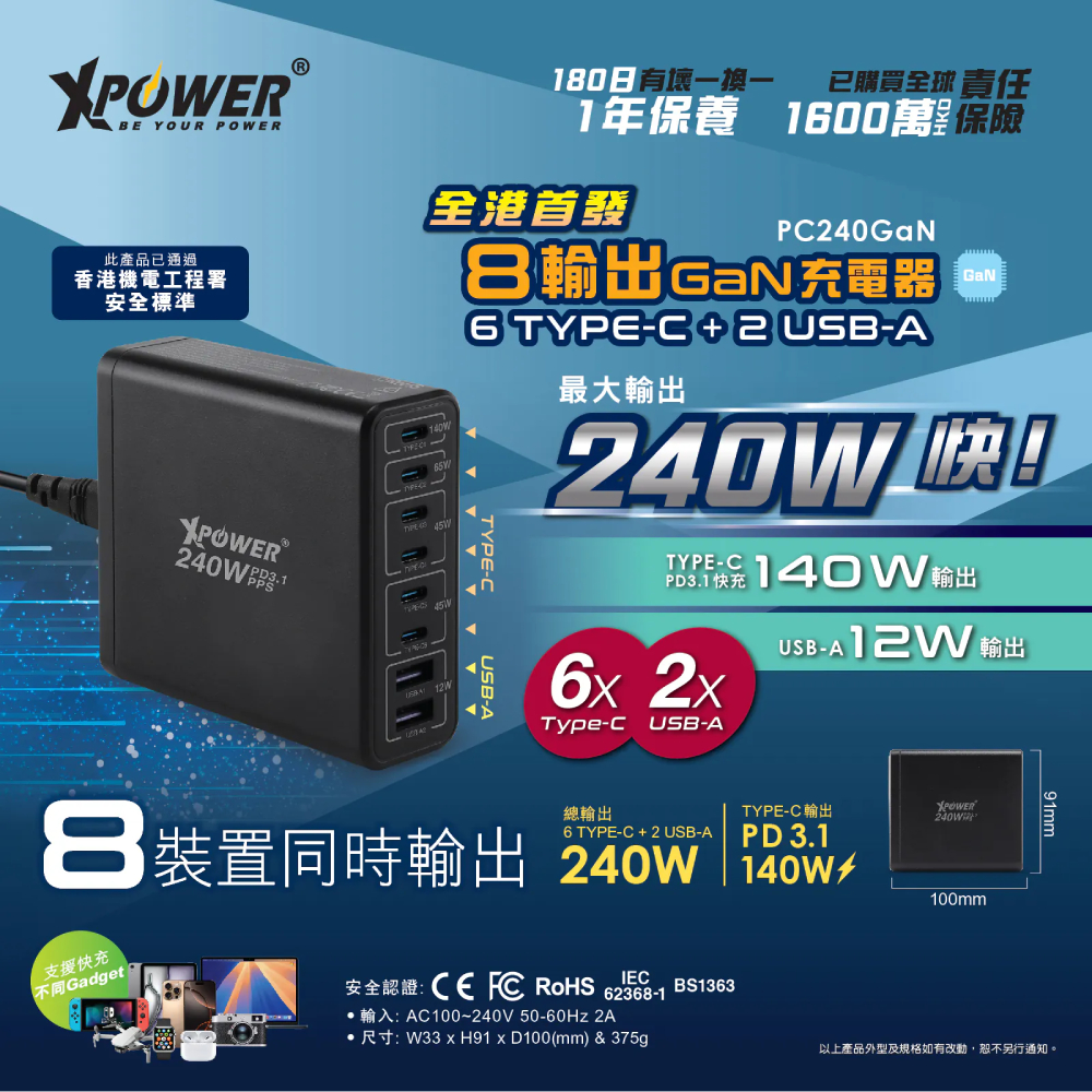 XPower PC240GaN 240W 8輸出 PD3.1/PPS 桌上型GaN充電器(Grey)