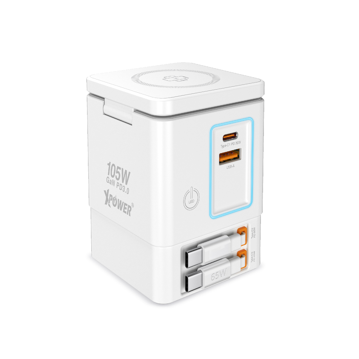XPower RN105 Qi2 6輸出 105W GaN雙無線快充+雙內置伸縮線塔式充電器(White)