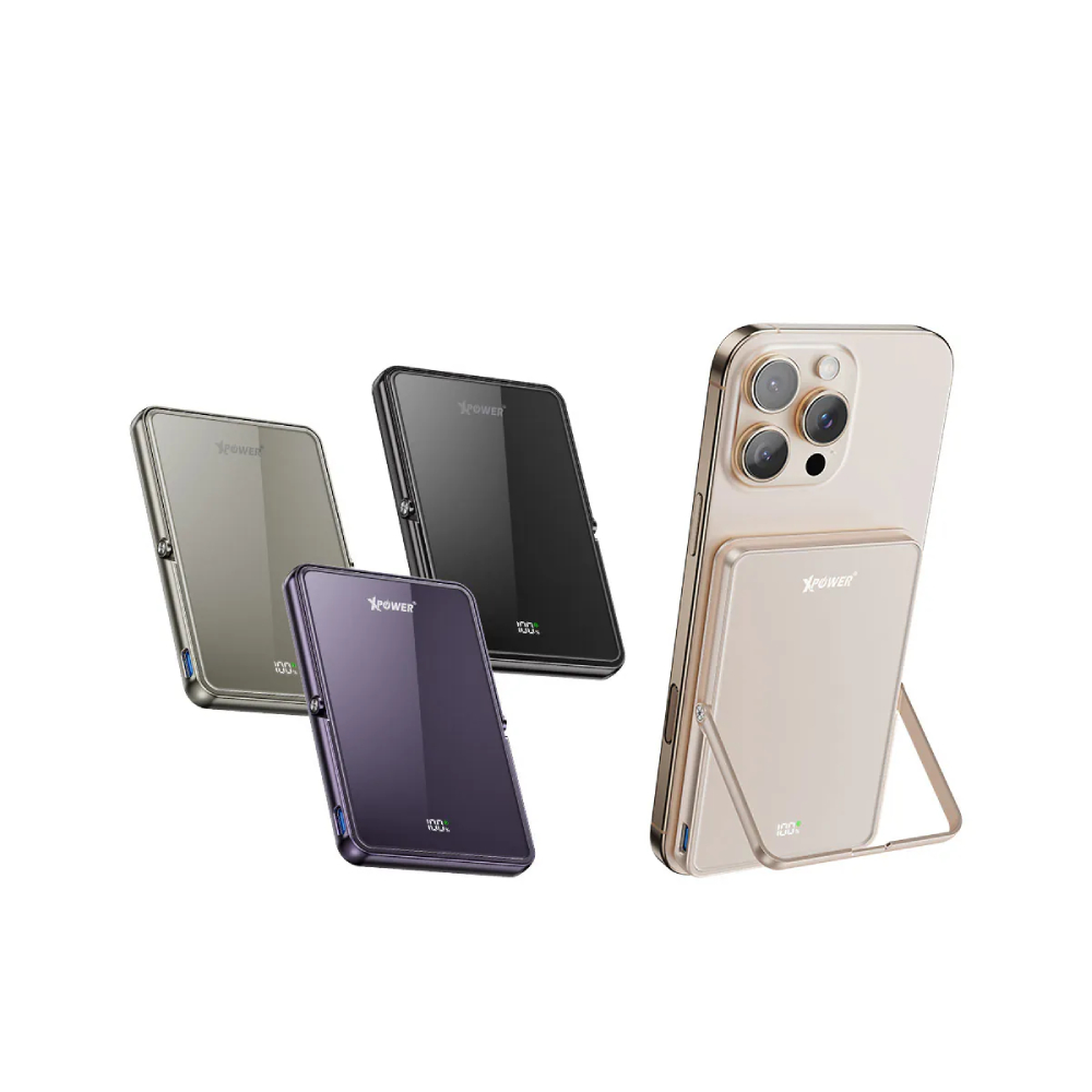 XPower M5K2 5合1鋅合金支架數顯5000mAh PD3.0+QI2磁吸移動電源(Purple)