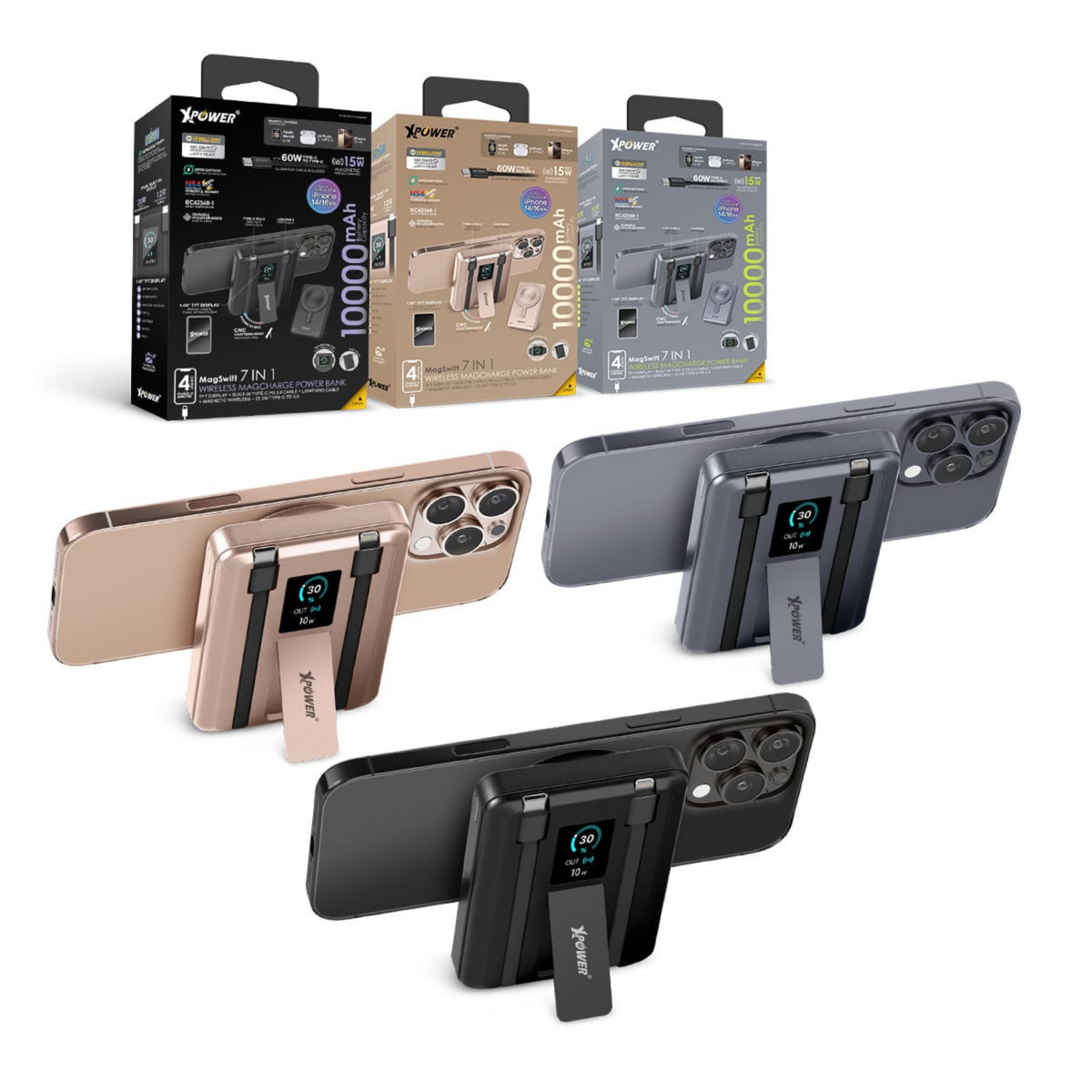 XPower MagSwift 7合1 多功能數顯10000mAh Type-C PD / Lightning 雙內置線+磁吸PD3.0無線移動電源(Grey)