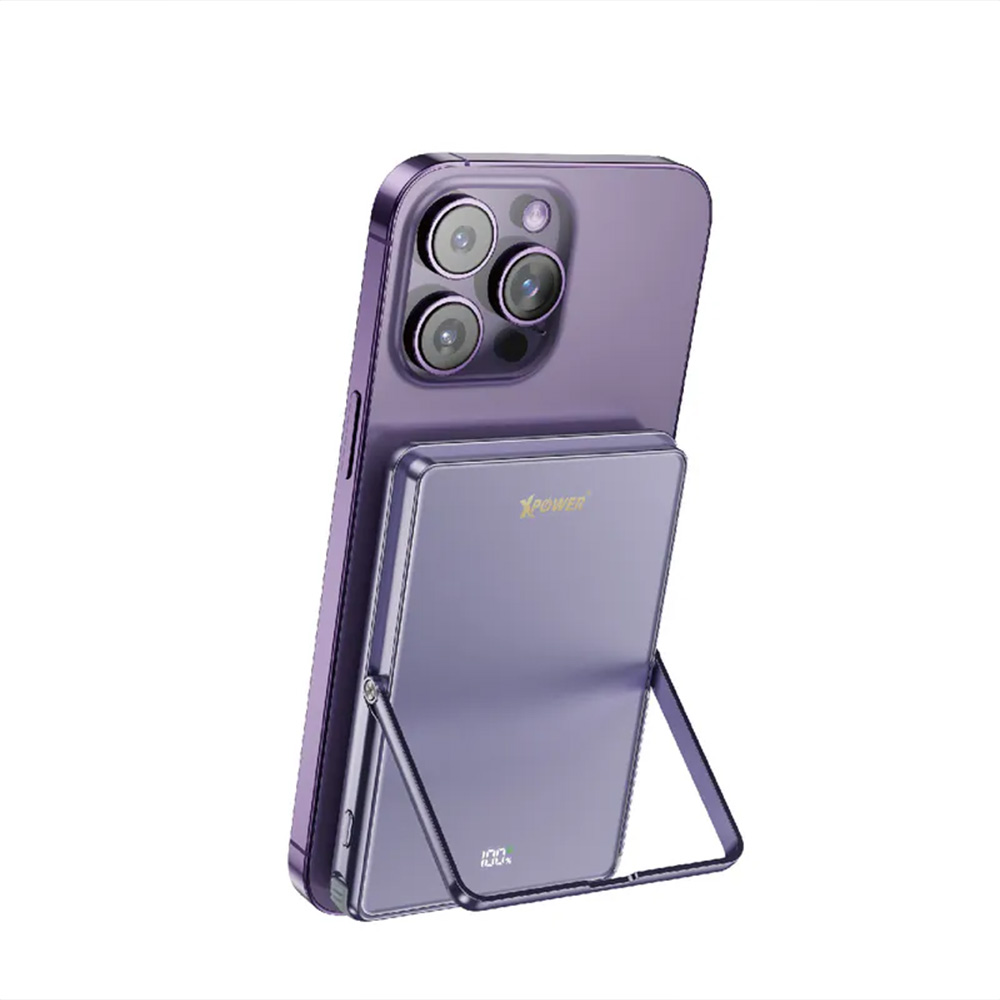 XPower M10K2 5合1鋅合金支架數顯10000mAh PD+QI2磁吸移動電源(Purple)