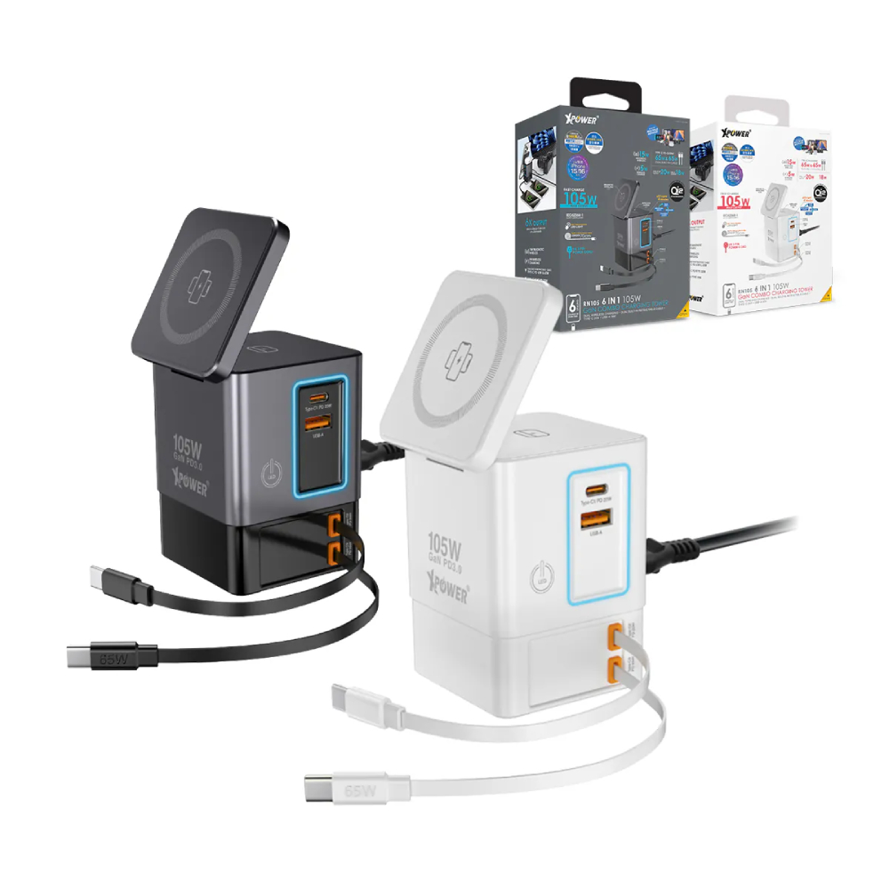 XPower RN105 Qi2 6輸出 105W GaN雙無線快充+雙內置伸縮線塔式充電器(White)