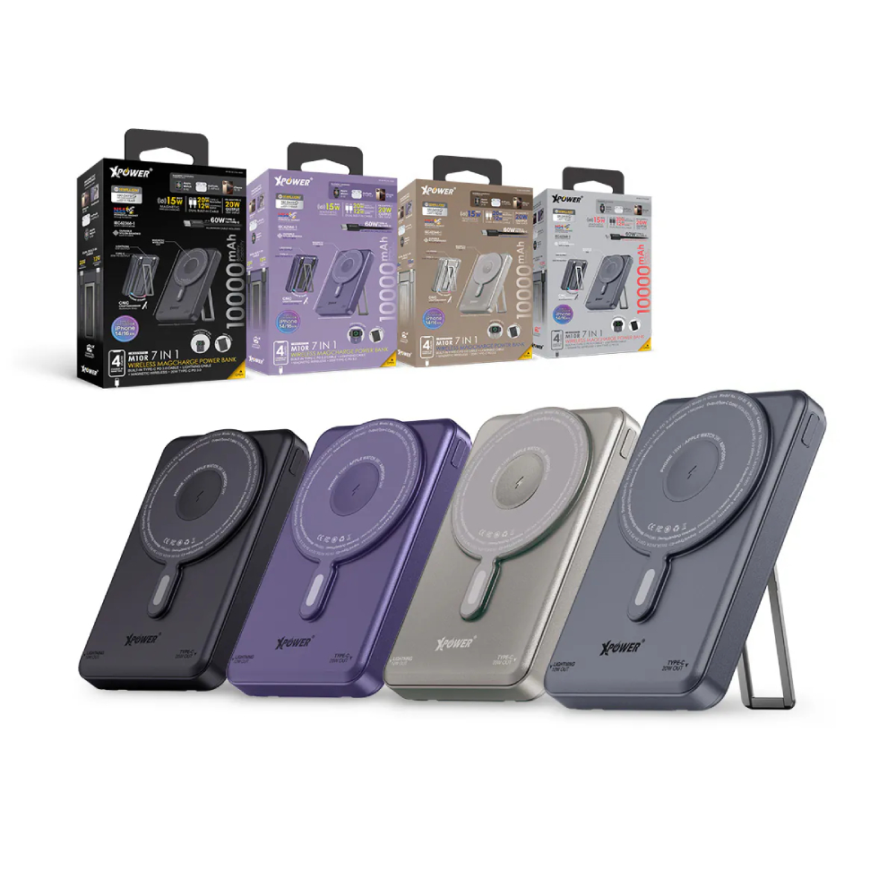 XPower M10R 7合1 10000mAh PD 3.0雙內置線+磁吸無線移動電源連支架(Grey)