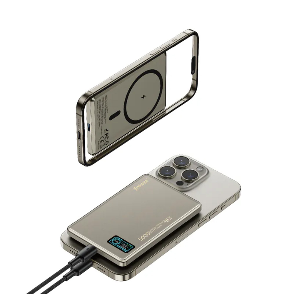 XPower MagDigita5 彩屏顯示 鋁合金外殼5000mAh PD3.0+QI2 磁吸移動電源(Titanium)