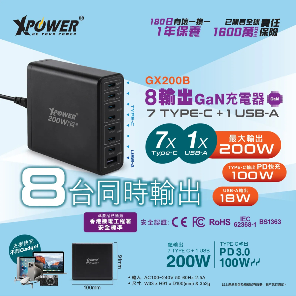 XPower GX200B 200W 8輸出PD3.0/PPS桌上型GaN充電器(White)