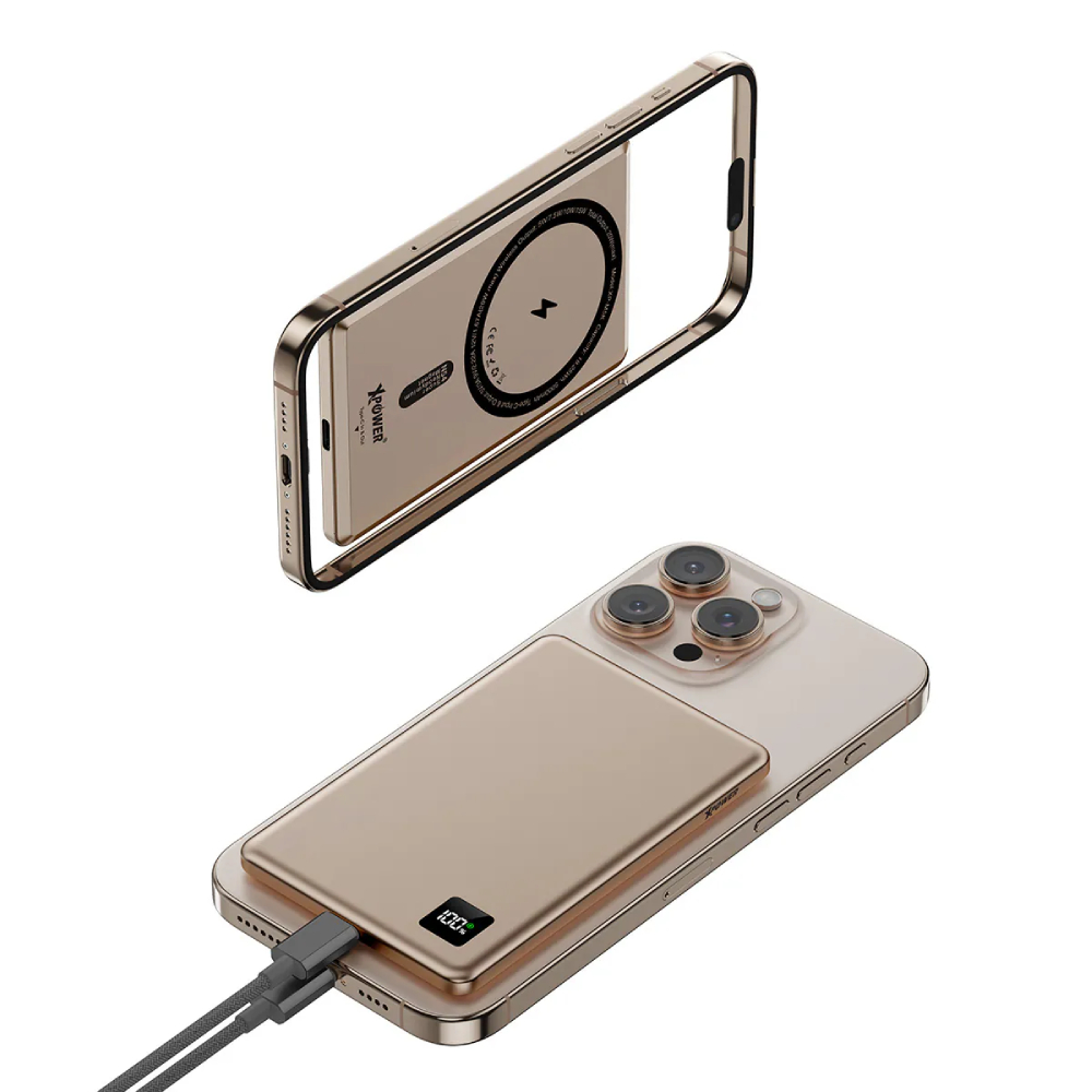 XPower M5K 3合1鋁合金數顯 5000mAh PD3.0+磁吸無線外置充電器(Desert Titanium)