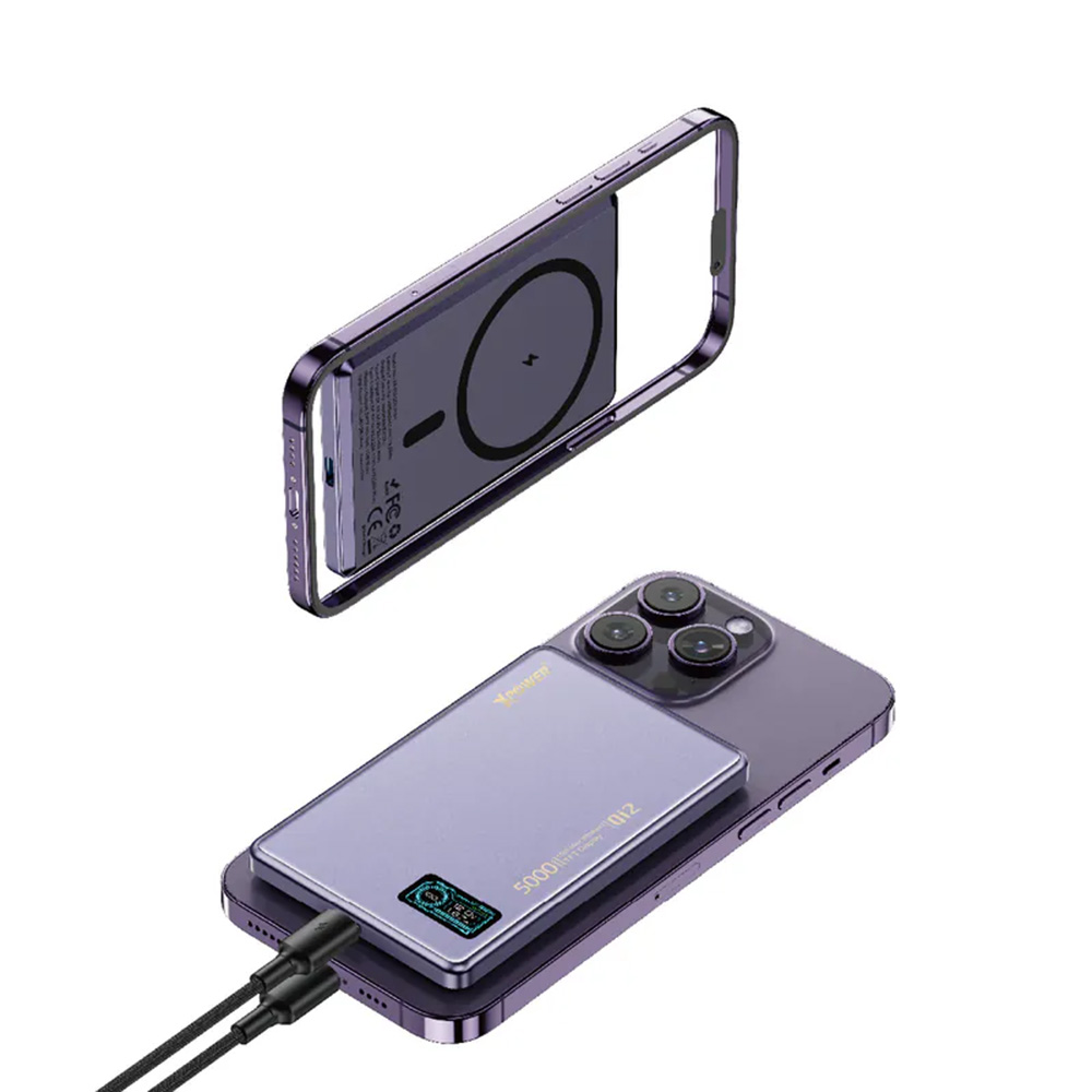XPower MagDigita5 彩屏顯示 鋁合金外殼5000mAh PD3.0+QI2 磁吸移動電源(Purple)