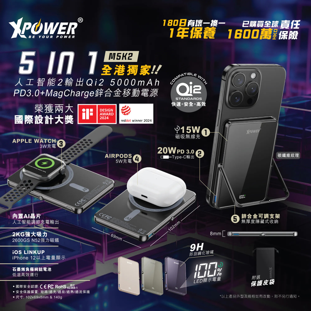XPower M5K2 5合1鋅合金支架數顯5000mAh PD3.0+QI2磁吸移動電源(Titanium)