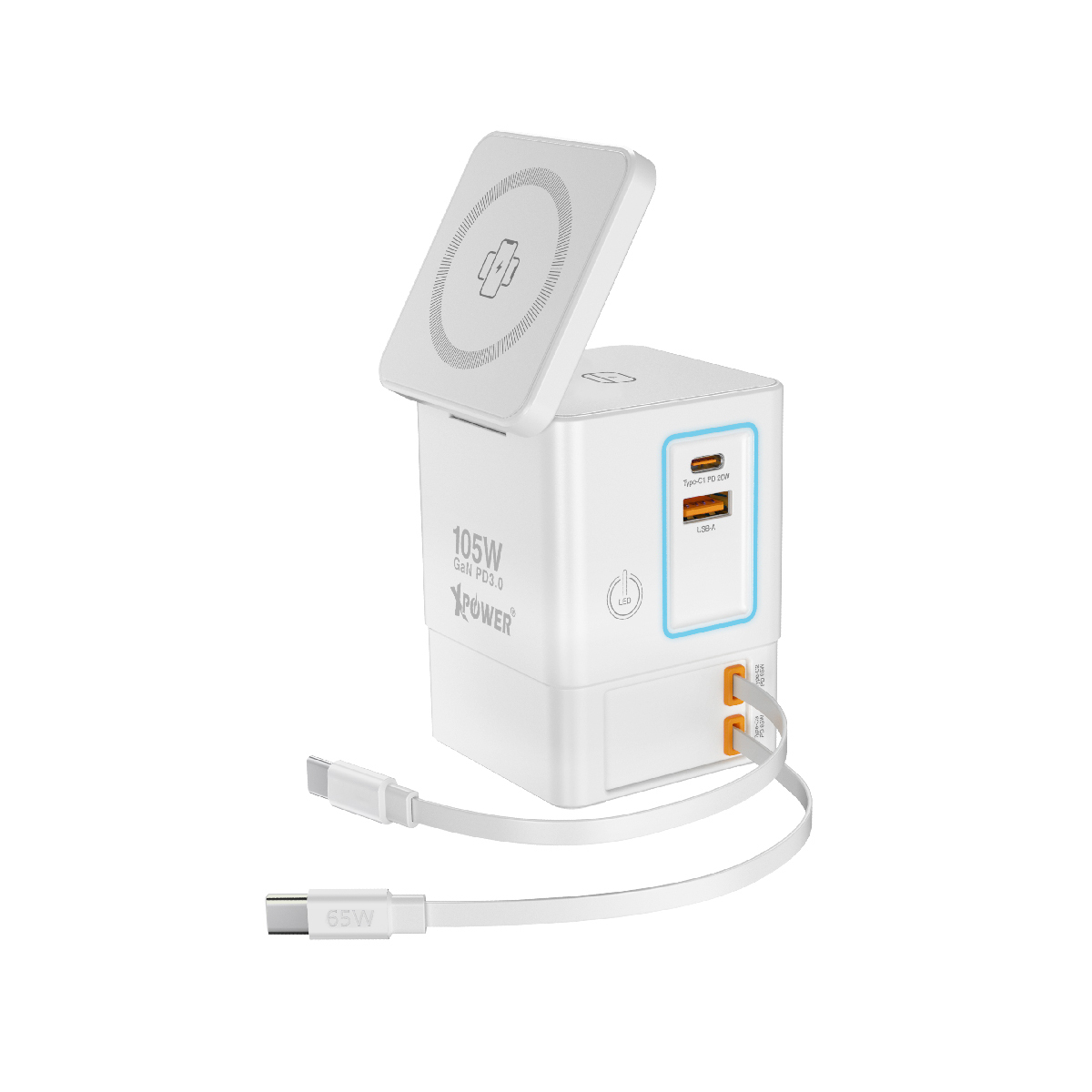XPower RN105 Qi2 6輸出 105W GaN雙無線快充+雙內置伸縮線塔式充電器(White)