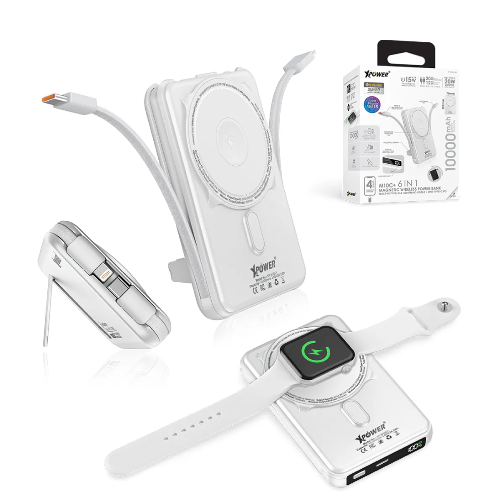 XPower M10C+ 6合1多功能數顯10000mAh 20W PD3.0 + 磁吸無線移動電源(White)