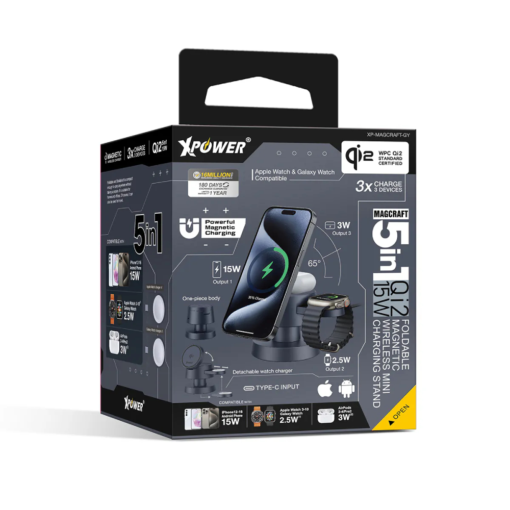 XPower MAGCRAFT 5合1 Qi2 15W MagCharge磁吸無線充電座(Grey)
