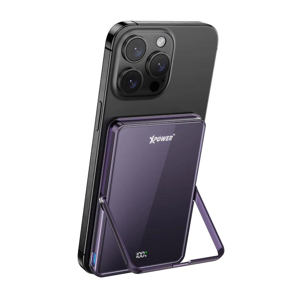 XPower M5K2 5合1鋅合金支架數顯5000mAh PD3.0+QI2磁吸移動電源(Purple)