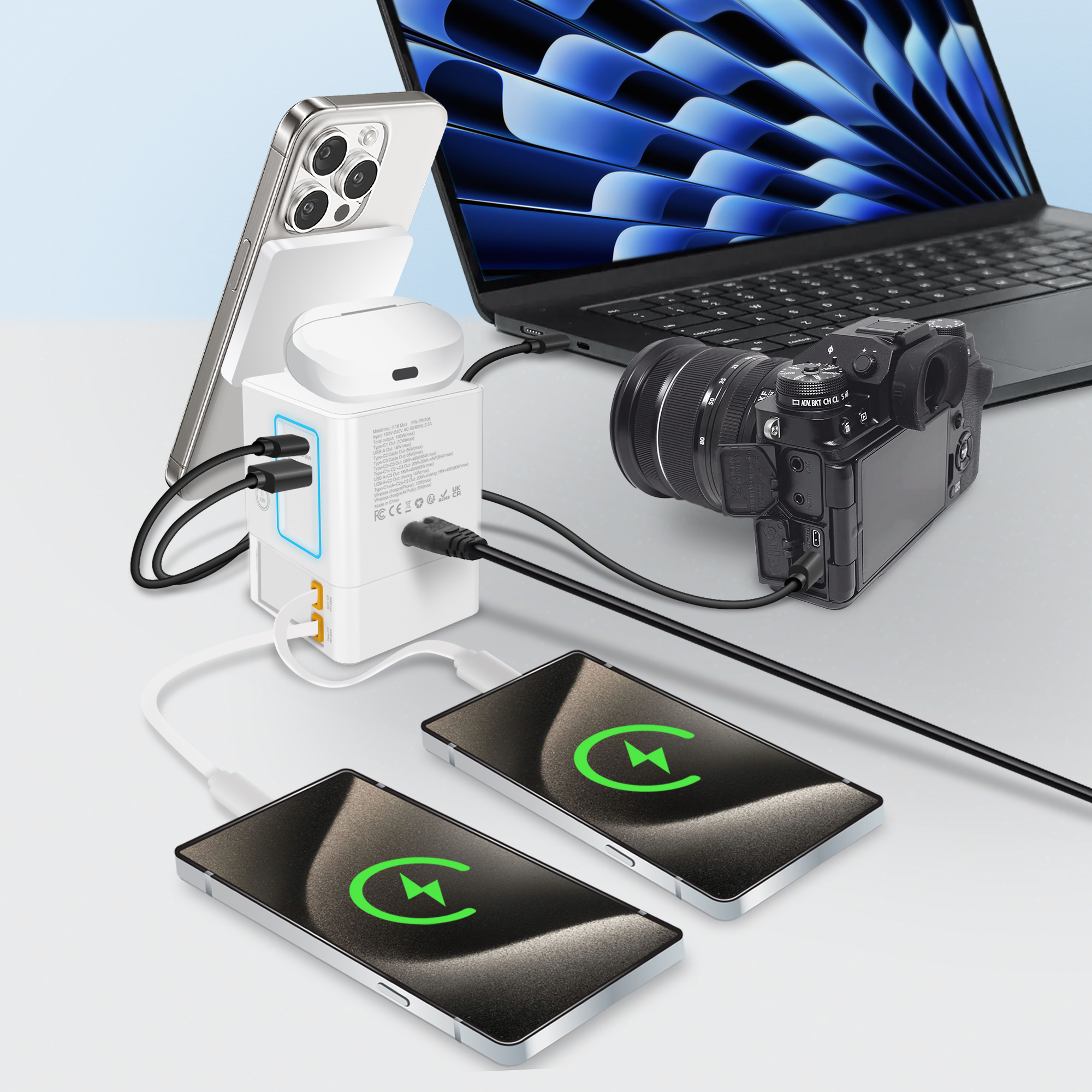 XPower RN105 Qi2 6輸出 105W GaN雙無線快充+雙內置伸縮線塔式充電器(White)