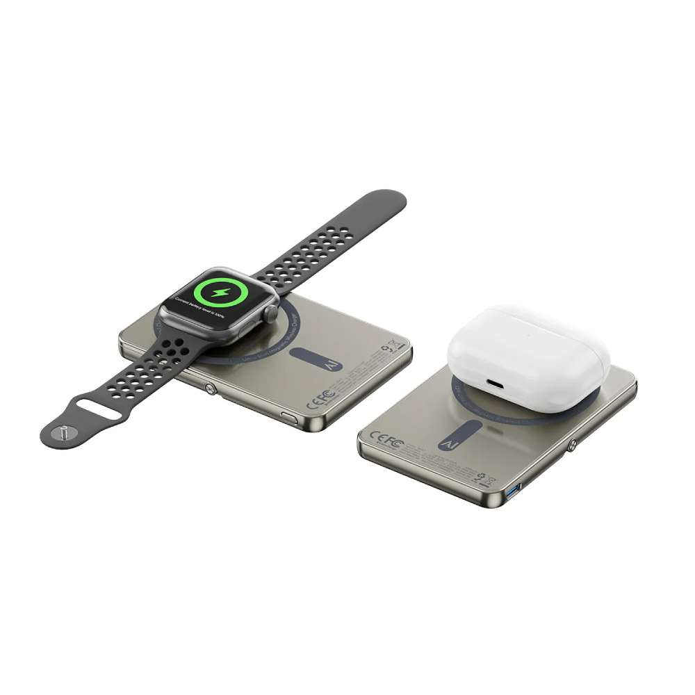 XPower M5K2 5合1鋅合金支架數顯5000mAh PD3.0+QI2磁吸移動電源(Titanium)