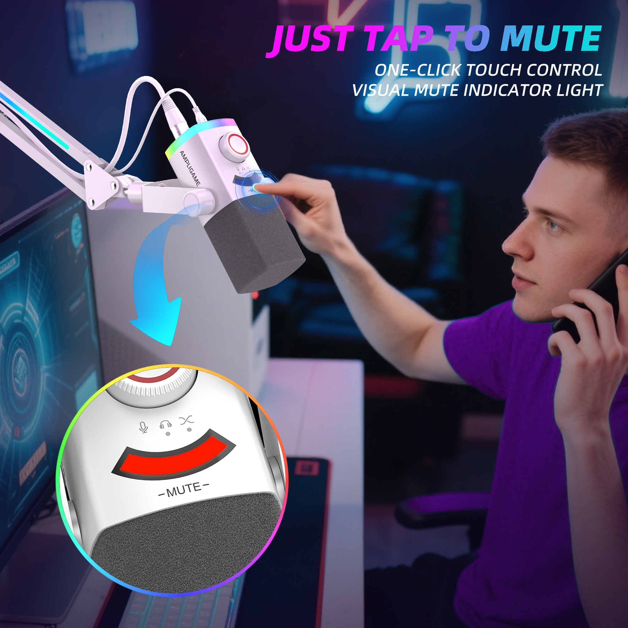 FIFINE AM8PROT 連RGB支架動圈式遊戲麥克風(支架-白色)