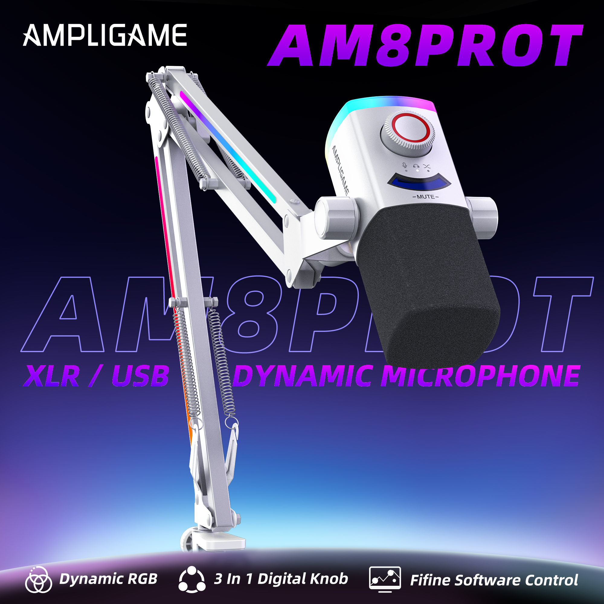 FIFINE AM8PROT 連RGB支架動圈式遊戲麥克風(支架-白色)
