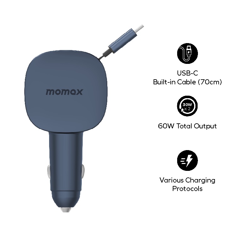 MOMAX 1-MOVE+ 60W 伸縮充電線雙接口車用充電器(深空灰)