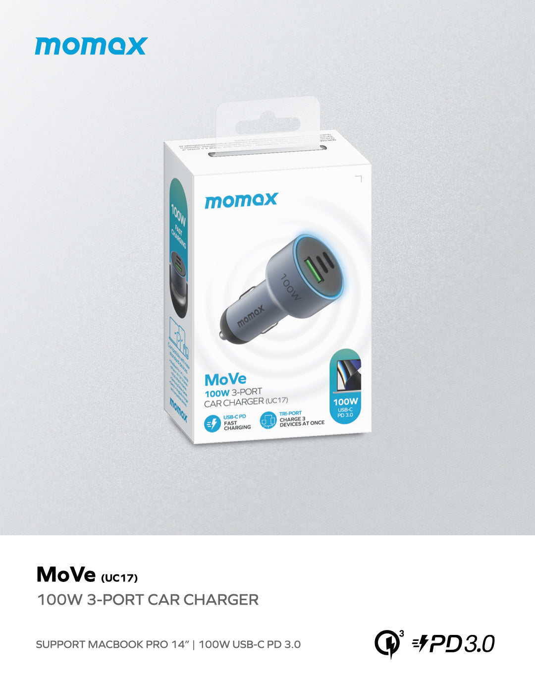 MOMAX MoVe 100W 三重快充車載充電器(深空灰)