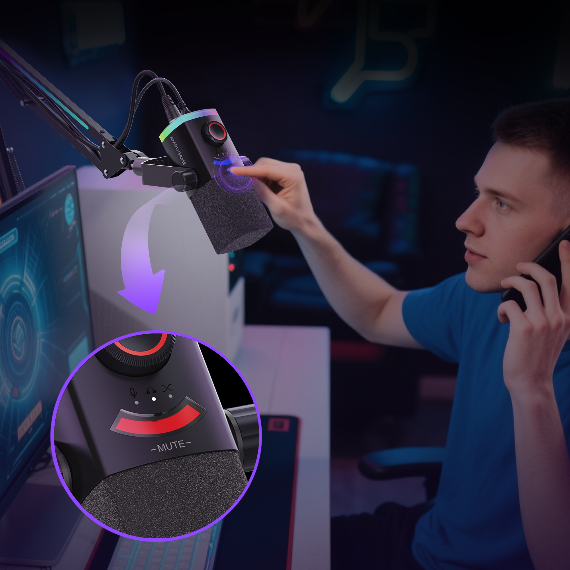 FIFINE AM8PROT 連RGB支架動圈式遊戲麥克風(支架-黑色)