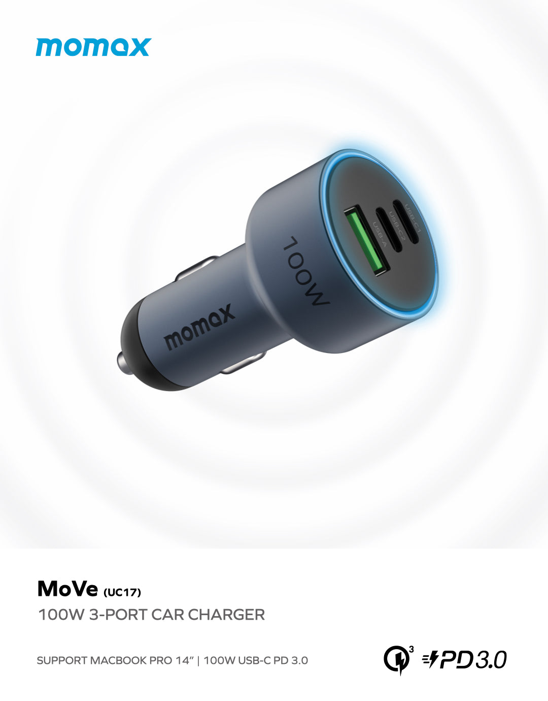 MOMAX MoVe 100W 三重快充車載充電器(深空灰)