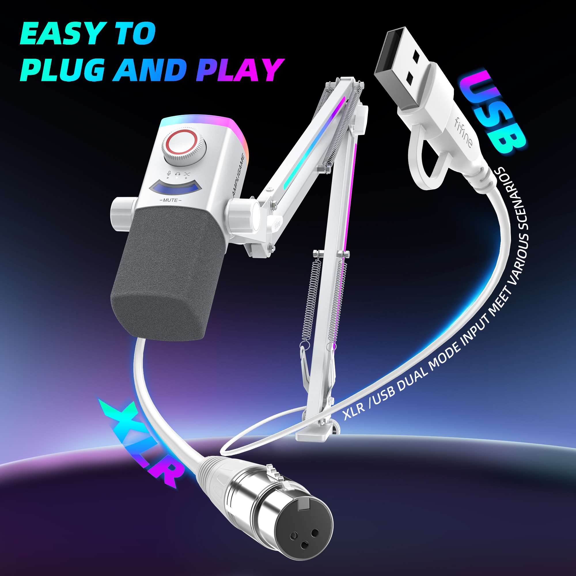 FIFINE AM8PROT 連RGB支架動圈式遊戲麥克風(支架-白色)