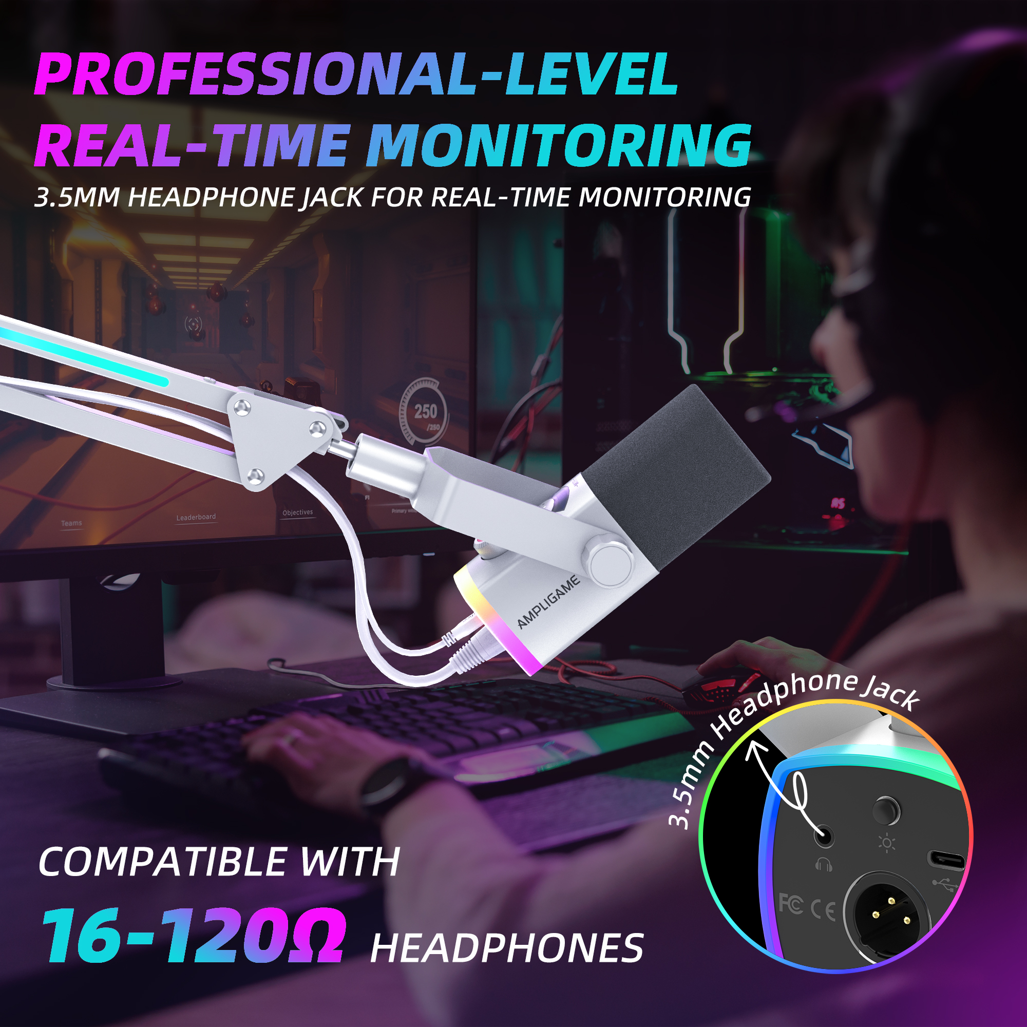 FIFINE AM8PROT 連RGB支架動圈式遊戲麥克風(支架-白色)